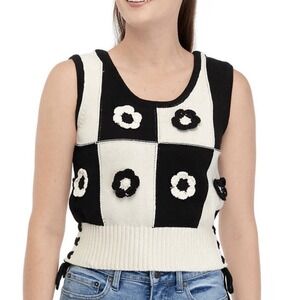 Industry Black & Ivory Floral Knit Top Side Ties Checkerboard Size Large